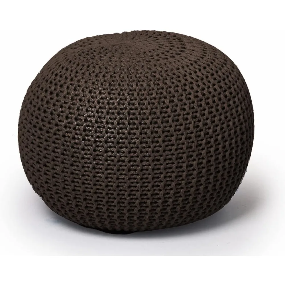 

Round Knit Pouf - Hand Woven Cotton,18"D x 18"W x 15"H， Brown