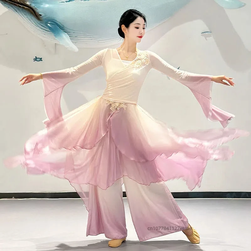 

Chinese Ethnic Classical Dance Costumes, Elegant Gradient Gauze Clothing, Feminine Fairy Style Flowing Light Pants Skirt