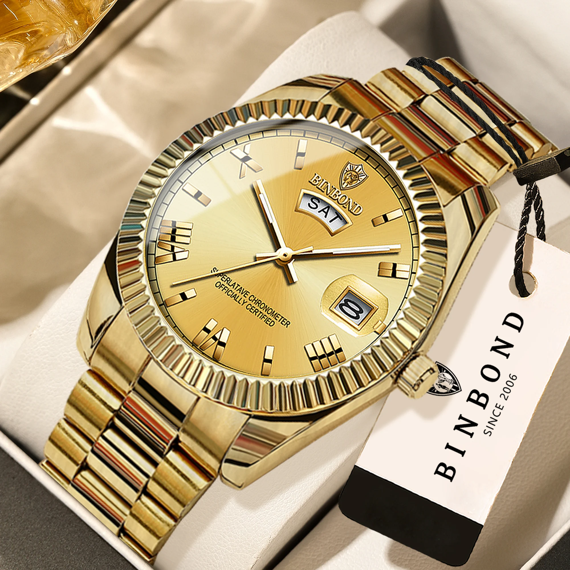 BINBOND Luxuriöse Präzisions-Quarz-Armbanduhren für Herren Leuchtend Wasserdicht mit Wochen- und Datumsanzeige Langlebige Modische Casual Herrenuhr