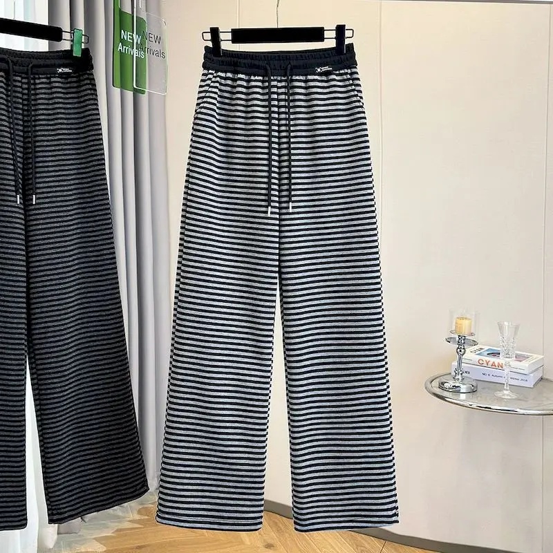 Straight Pants Casual 2026 Autumn Winter Korean Style Sweatpants Elastic Waisted Color-block Striped  Sweatpants Women Clothing