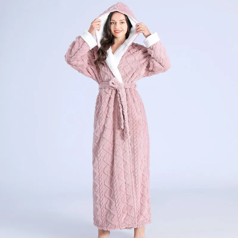 Women Men Thermal Luxury Flannel Extra Long Bath Robe Winter Sexy Jacquard Bathrobe Warm Kimono Dressing Gown Hooded Robes