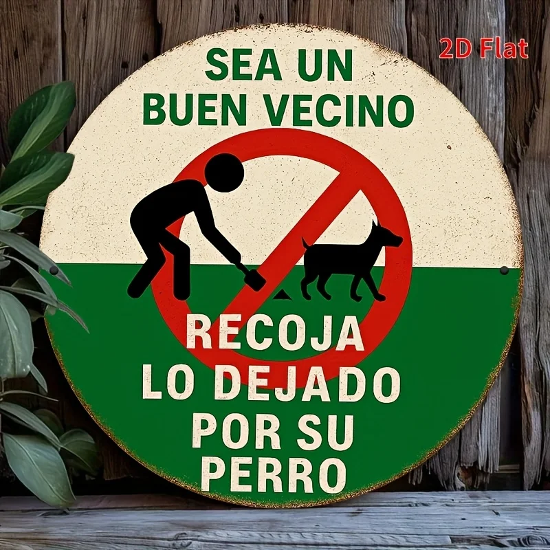 2D Flat, 1pc Fun Spanish Dog Poop Cleanup Sign - Old-Style Round 