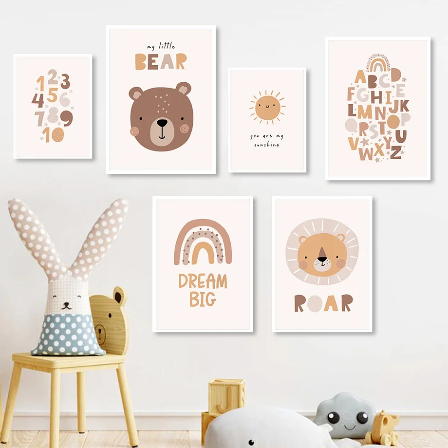 Boho Cartoon Animals Poster Bear Lion Number Alphabet Nursery Wall Art Print Canvas Painting Wall Pictures Baby Kids Room Decor