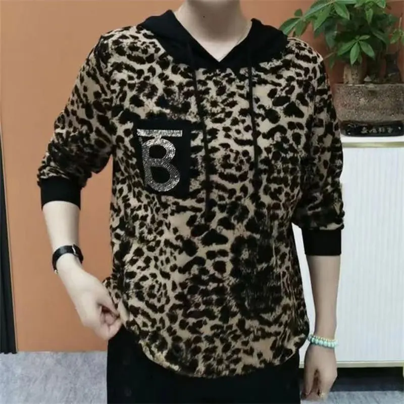 Streetwear Leopard Printed Pullovers Female Clothing Casual Hooded Drawstring Spring Autumn Fashion Letter Diamonds Sweatshirts