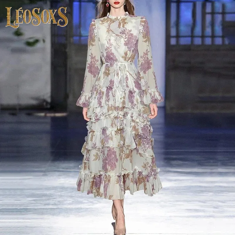 LEOSOXS – robe imprimée pour femmes, col rond, manches longues, taille haute, à volants, gâteau Floral, grande balançoire, printemps 2025
