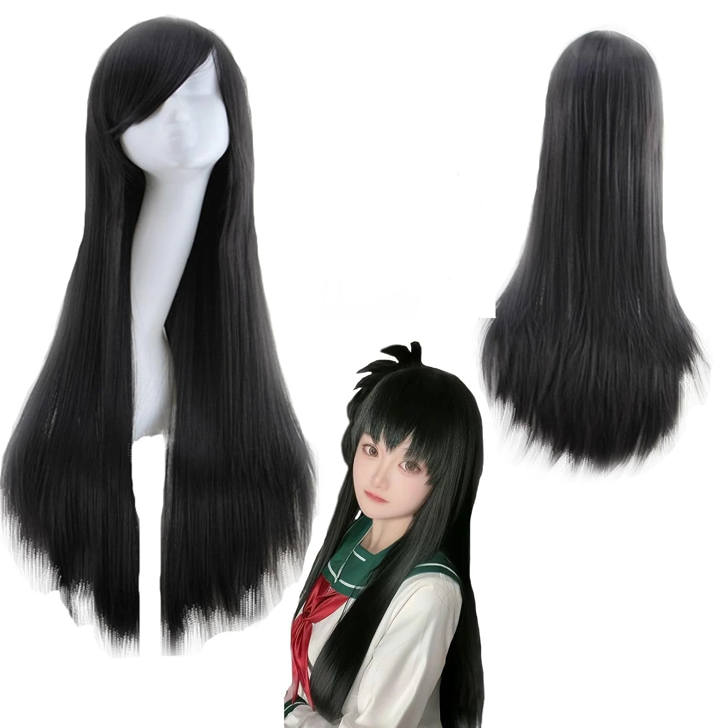 Inuyasha Sango Cosplay Long Black Wig with Bangs Straight Black Wig Cosplay Costumes for Women Anime Synthetic Wigs Girl Party