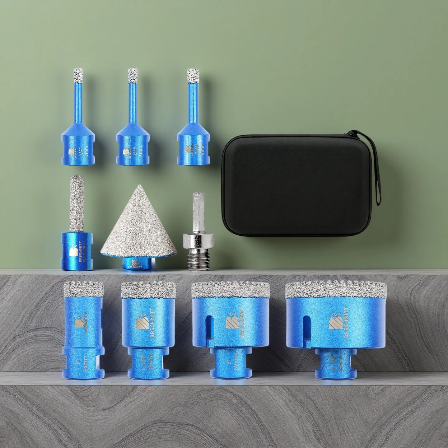 BRSCHNITT 10-teiliges Diamantbohrer-Set 6 bis 68 mm Bohrer+Fasenfräser+Fräser+Adapter - Ideal für Granit, Marmor, Stein, Keramik, Porzellan