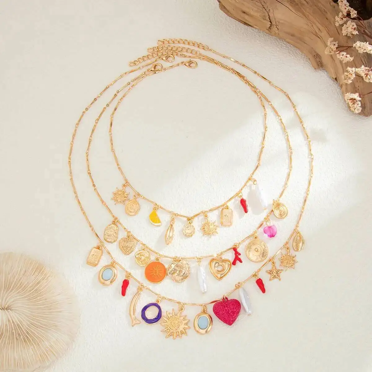 

Lacteo 3Pcs/Set Fashion Multilayer Gold Color Heart Pendant Necklace Elegant Vintage Imitation Pearl Choker Neck Charm Jewelry