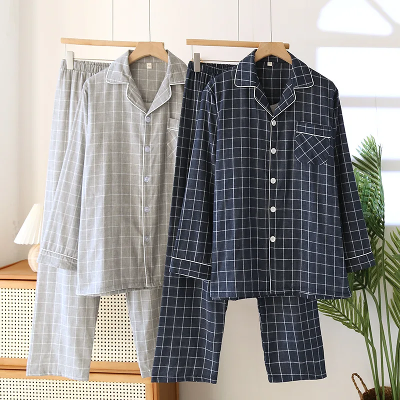 

2025 New Spring and Autumn Men's Pajama Set 100% Cotton Long Sleeve Long Pants Two Piece Set Loose Large Home Clothes
