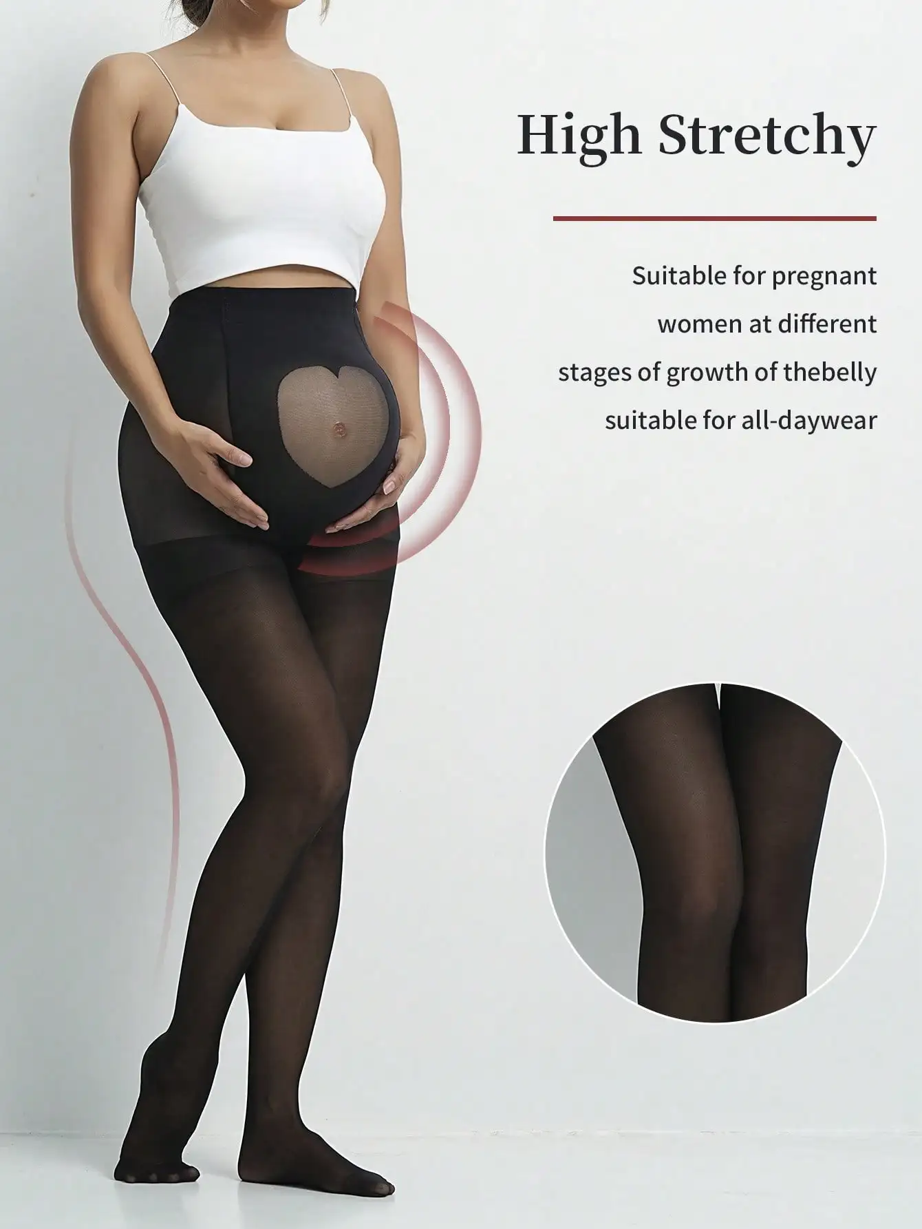1 Pair Women Maternity Heart Cutout Sheer Tights Anti-Run Ultra Stretch Belly Support Black Nylon Pantyhose For Pregnant Women