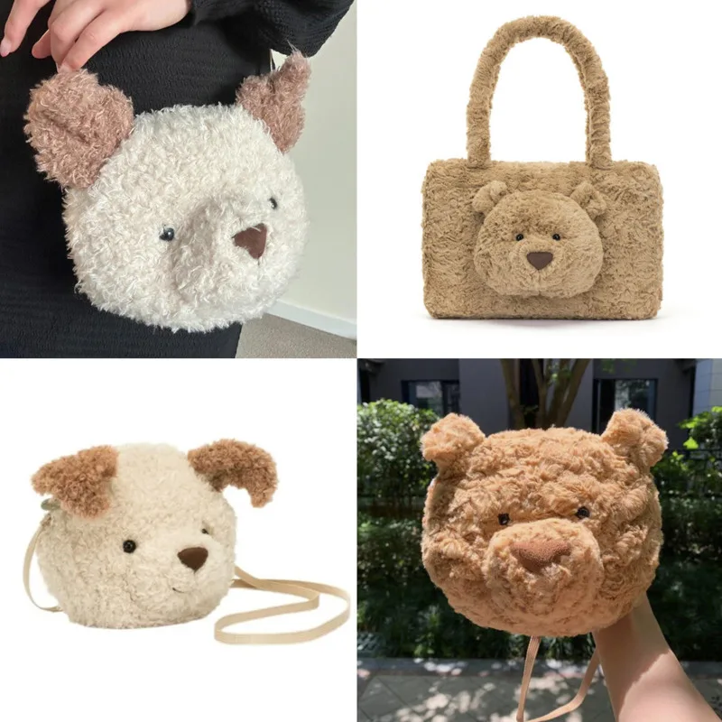 Curly Puppy Plush Bag Y2K Bear Head Tote Bag Toy Dog Crossbody Bag Simulation Back To School Birthday Gift Student Bag Dust Bag