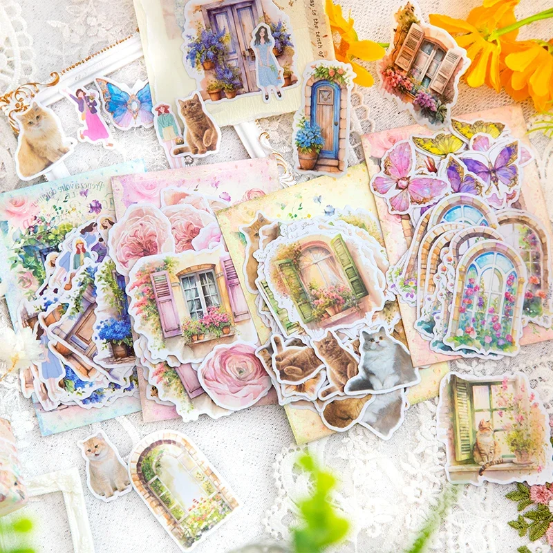 

45Pcs Stickers Thoughts Window Flower Patterns Dairy Romantic Island Material Cartoon Decorative Scrapbook Stationery 13*9CM