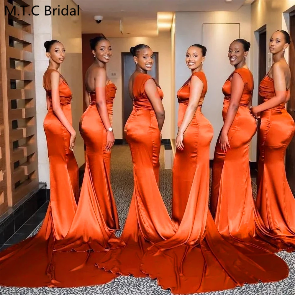 Wholesale Burn Orange Mermaid African Bridesmaid Dresses One Shoulder Sweep Train Shiny Satin Wedding Guest Gowns Customized