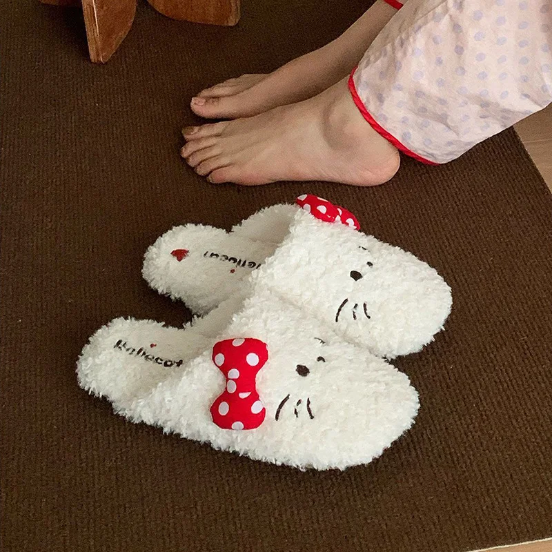 

Kawaii Hello Kitty Cute Red Bow Fuzzy Girl Slippers Non Slip Quiet Wear Resistant Fall Winter Home Cotton Slippers Holiday Gift