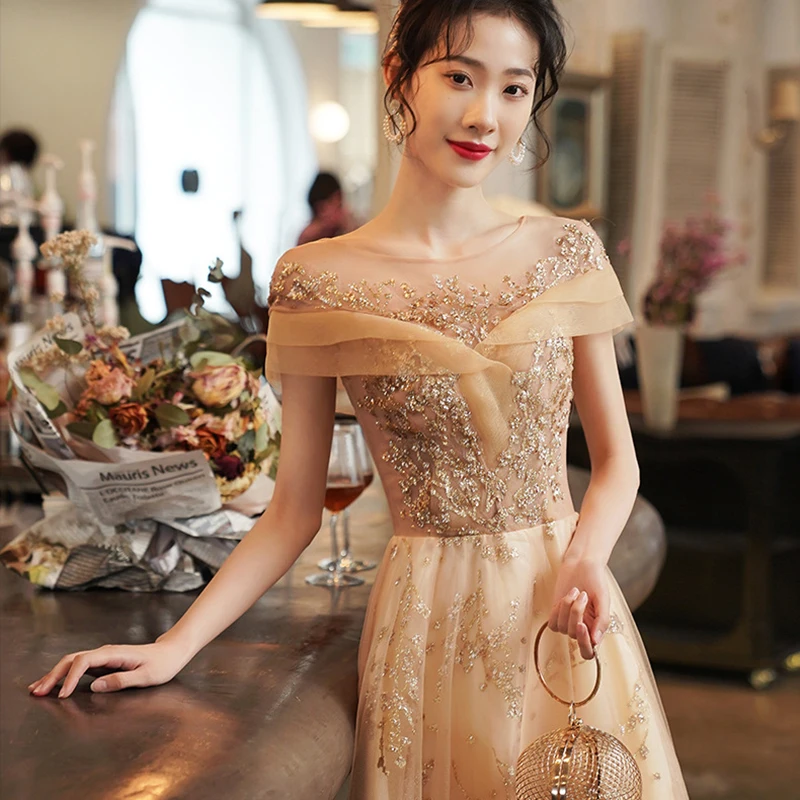 2022 Champagne Evening Dress Gown Maxi Dress Chesongsams Off Shoulder Appliques Banquet Gown Women Vestidos Robe De Soiree