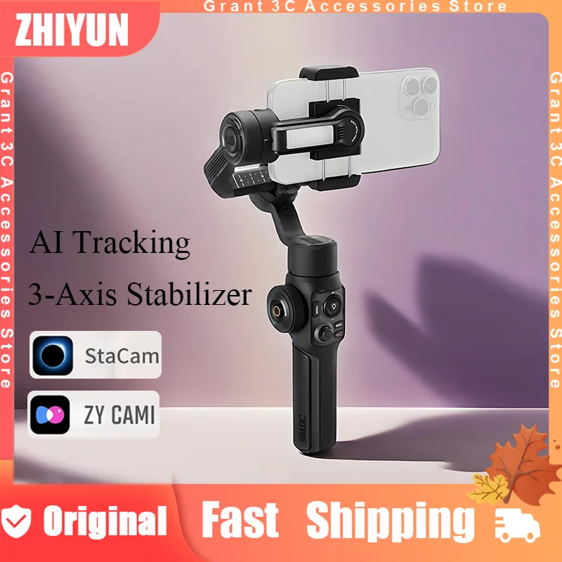 ZHIYUN Smooth 5S AI Estabilizador de seguimiento inteligente Gimbal con luz de relleno para teléfono inteligente Estabilizadores de mano de 3 ejes para iPhone