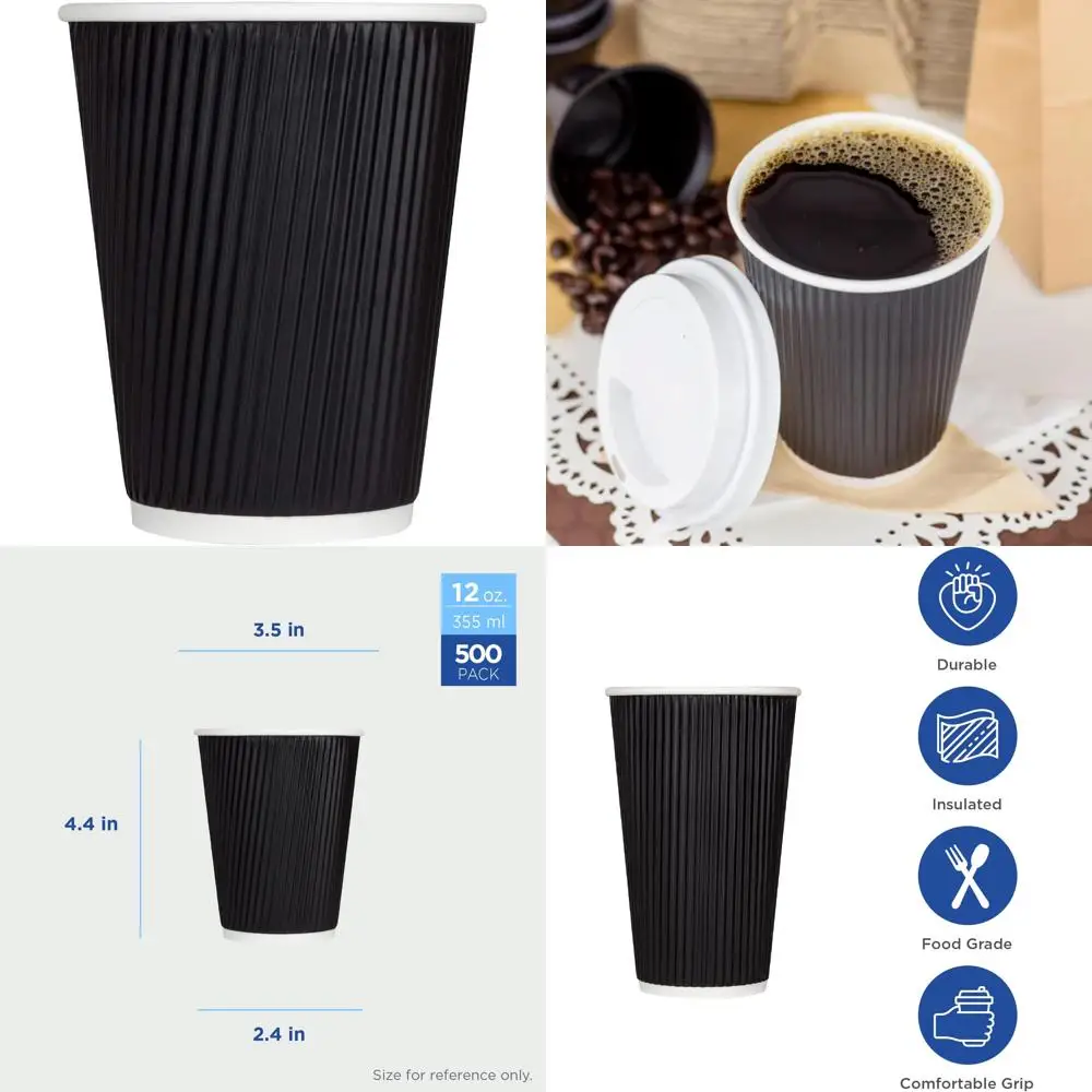 

Disposable Paper Hot Cups, 12 oz Insulated Ripple Design, Sturdy Leak-Proof, 90mm, Black, 500 Count, No Lids, Ideal for Coffee S