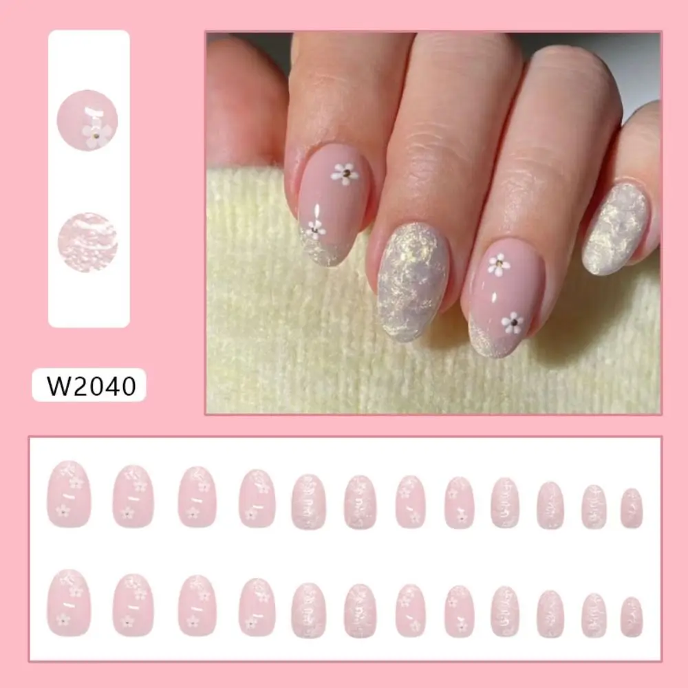 24 pezzi manicure unghie finte ovali onda d'acqua unghie finte francesi occhio di gatto dolce piccolo fiore punte per unghie donne