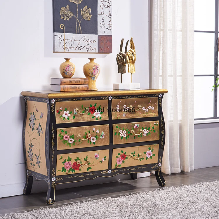 Chinese classical retro decorative solid wood locker hand-painted gold foil storage chest