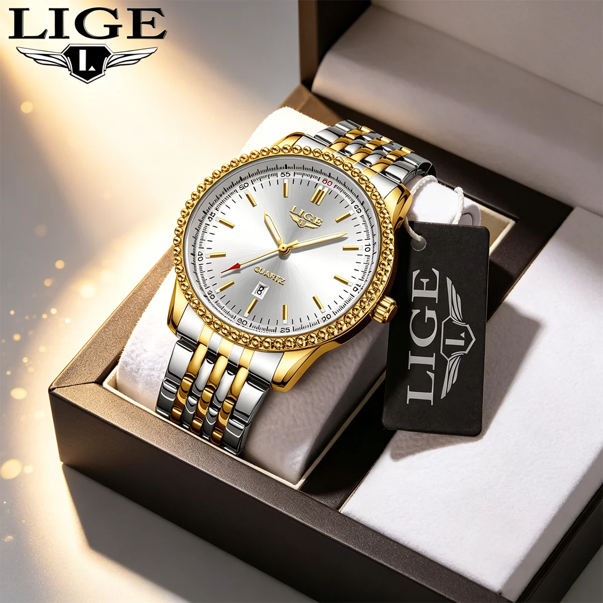 LIGE Man Watch Luminous Waterproof Week Date Men Wristwatch Luxury Stainless Steel Men's Quartz Gold Color Watches reloj hombre