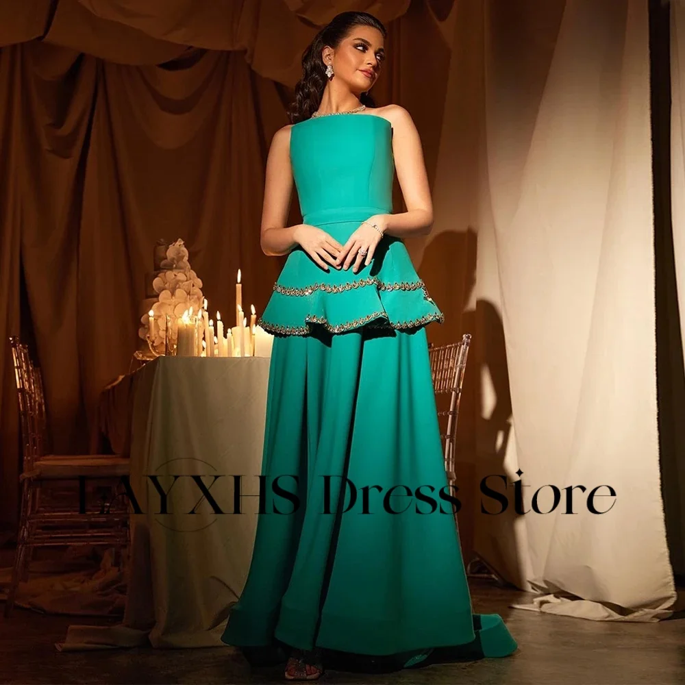 

LAYXHS Formal Green Evening Dresses Strapless A Line Sleeveless Tiered Ruffle Women Prom Dresses Customized فساتين سهرة