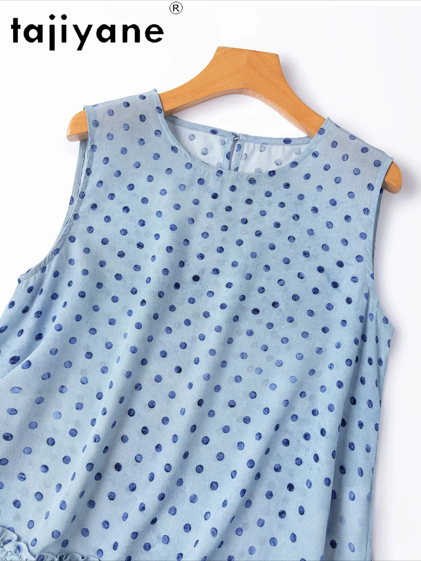 TAJIYANE 100% Mulberry Silk Women's Tanks Blue Polka Dots A-Line Vest Summer Loose Ruffled Hem Tanks Top 2026 Woman Clothing топ