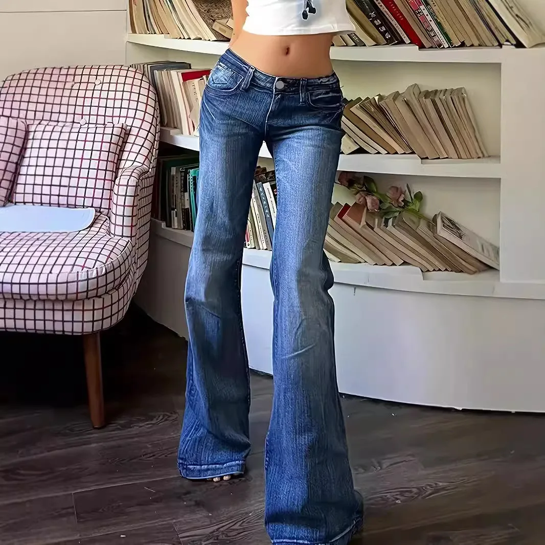 2025 Spring Harajuku Slim Jeans Female Vintage Slim Streetwear Style Retro Y2K Pants Women's High Waist Flared Denim Trouser