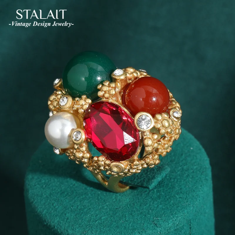 

Luxury Vintage Oval Crystal Green Natural Stone Pearl Rings Copper Material French Retro Multi Antique Jewelry Wedding for Women