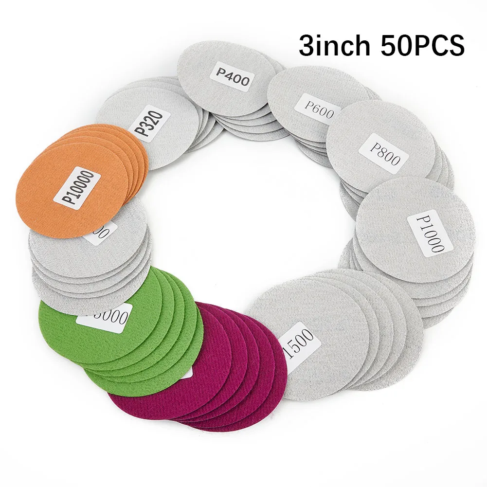 50Pcs 3inch 75mm Wet Dry Sanding Discs 320-10000 Grit Flocking Sandpaper For Auto Furniture Wood Metal Polishing Abrasives