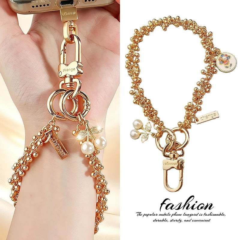 Gold Double Layer Metal Bead Phone Wrist Strap Faux Pearl Pendant Detachable Anti-lost Hand Lanyard