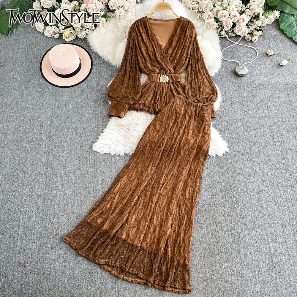 

TWOTWINSTYLE Casual Slim Solid Two Piece Sets For Women V Neck Long Sleeve Top High Waist Long Skirt Chic Set Female KSE540151