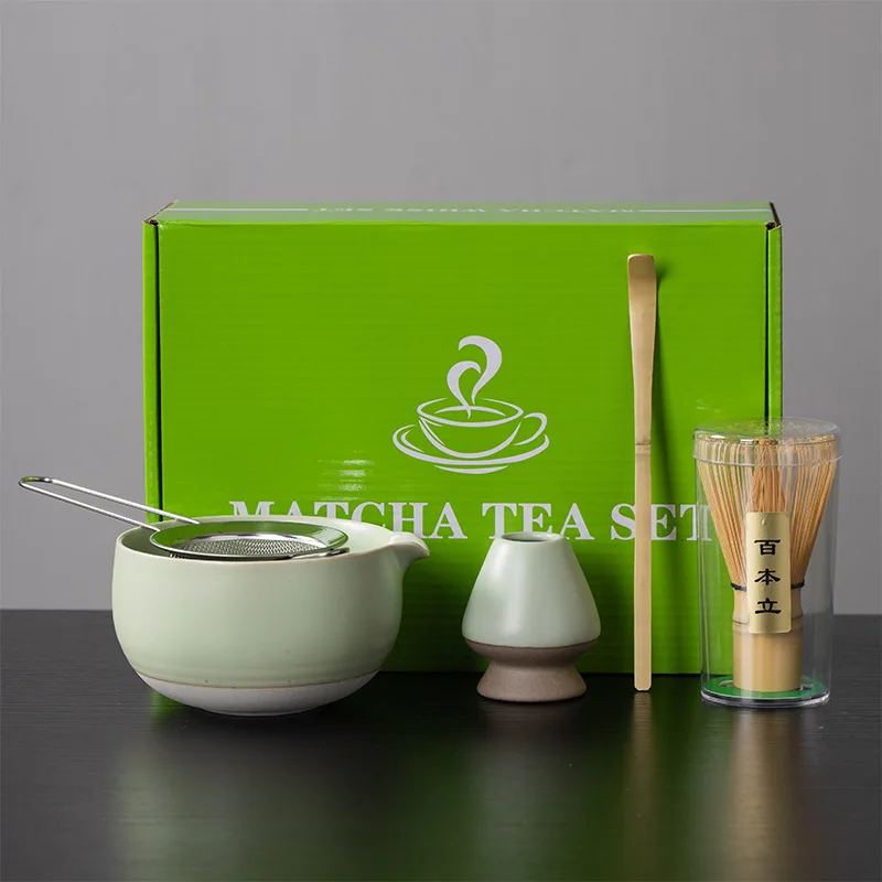 4Pcs Japanese Matcha Tea Set Includes Match Bowl with Spout and Bamboo Whisk Matcha Whisk Stand Chasen Holder Teaspoon Set New