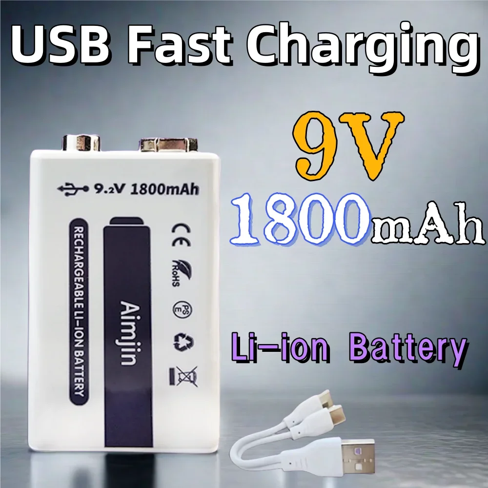 

100% Original 9V 1800mAh Fast Charging Li-ion Battery USB TYPE-C For Microphone, Toy Remote Control,Alarm+Data Cable