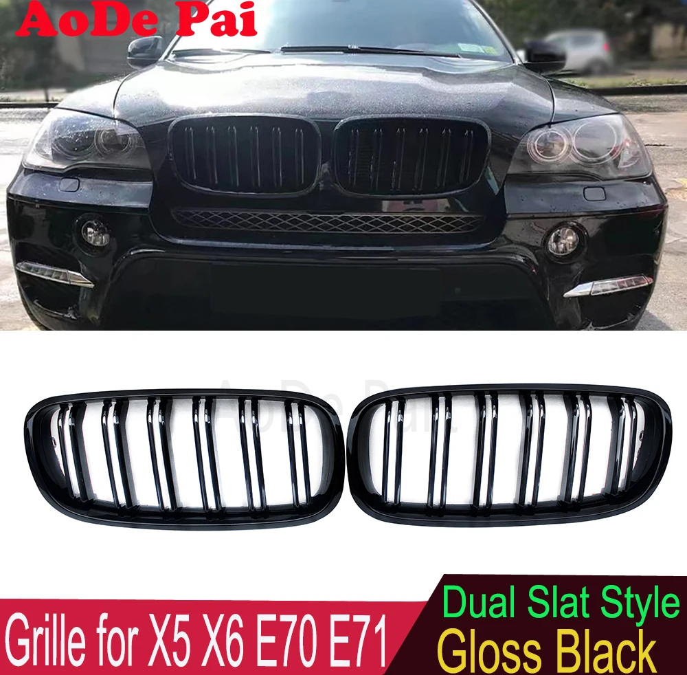 

ABS Front Bumper Grille Mesh Hood for BMW X5 X6 E70 E71 E72 xDrive30i xDrive35i xDrive48i 2007-2013 Gloss Black Dual Slat