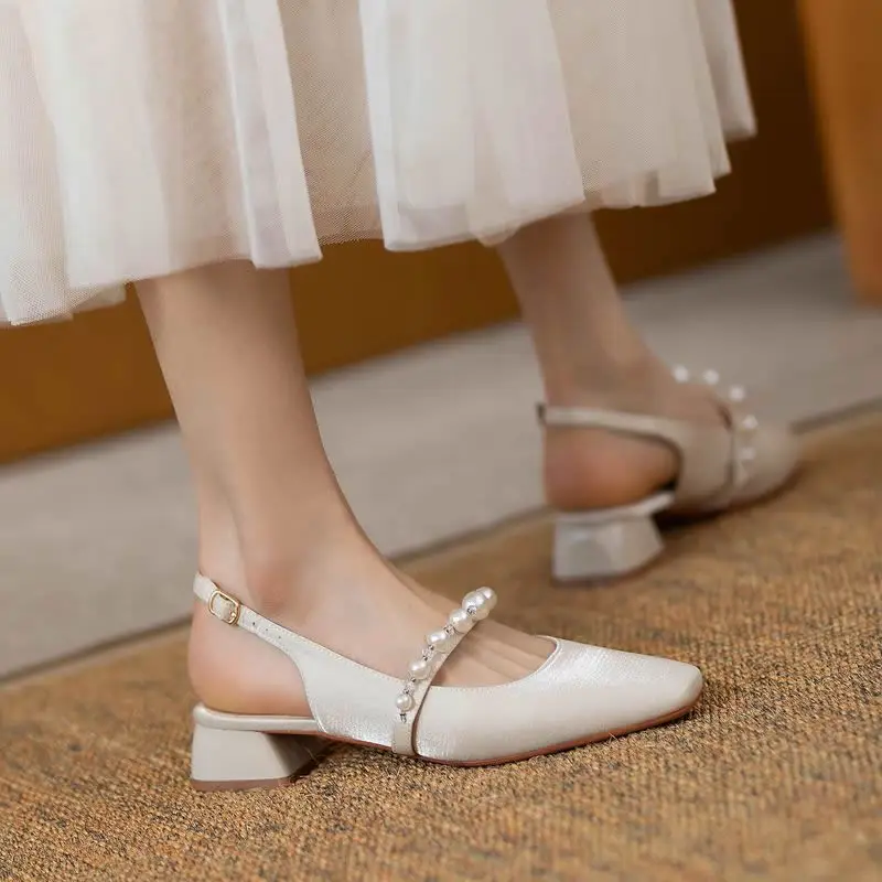 New Women Sandals Satin 3.5 CM Square Heel Square Toe Buckle Strap Novelty Street Style British Style Pearl Belt Shoes For Women