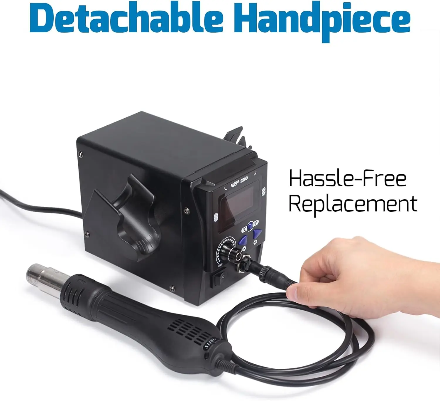 959D 열풍 SMD 납땜 리워크 스테이션 (퀵 체인지 노즐 포함, 5개 노즐, 온도 조절 기능) ° C/ ° F, 버저