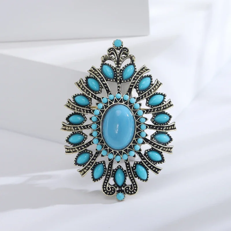 Turquoise Flower Brooches for Women Unisex Tibetan Style Turkish Blue Badge Pins Office Party Friend Gifts Jewelry Accessories