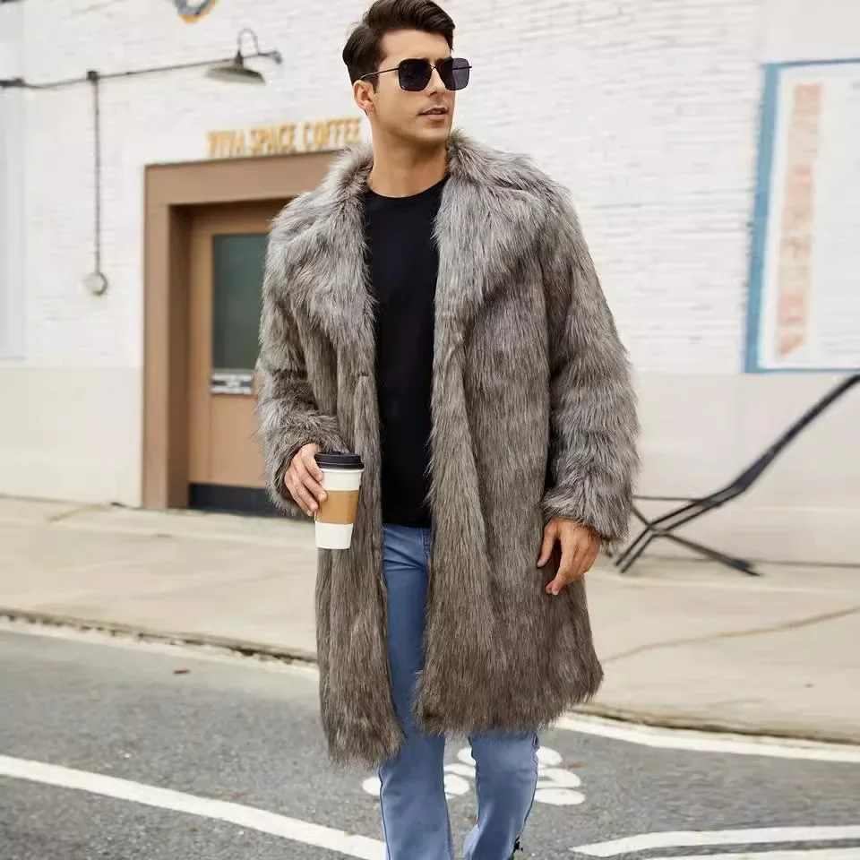 Faux Fur Men Mid Length Coats Turn Down Collar Maxi Coat Casual Streetwear Thick Warm Jackets Splice Open Stitch Autumn Winter