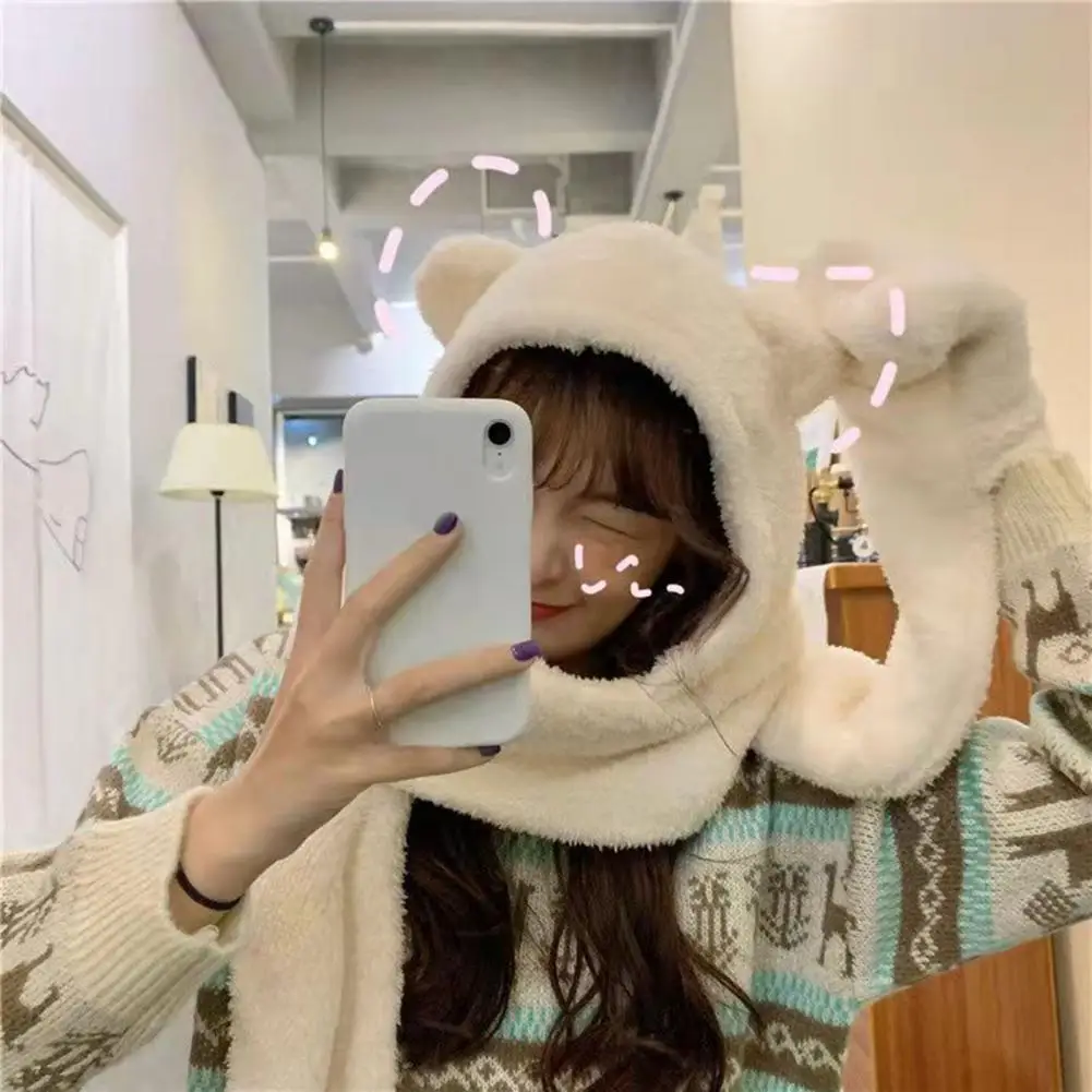 

Plush Breathable Cold Resistant Winter Lovely Bear Shape Girls Fleece Hooded Scarf Gloves Hooded Scarf for Daily Life