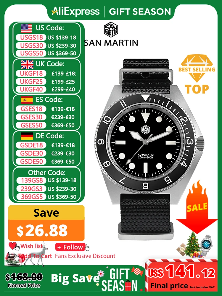 San Martin New 40mm Diving Watch NH35 Automatic Men Mechanical Wristwatch Sapphire Nylon Strap Full Luminous Waterproof 200m