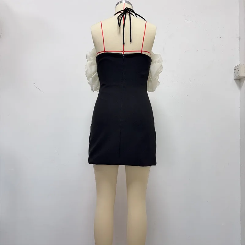 Black White Prom Dress 3D Flower Sexy Halter Sleeveless  Backless Short Mini Formal Wedding Evening Robe Banquet Bridal Gown