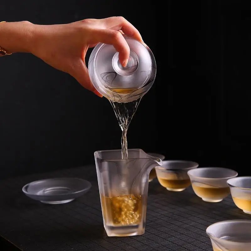 طقم شاي كونغ فو، وعاء غطاء شاي سميك من الزجاج، معرض فنجان الشاي المنزلي #4