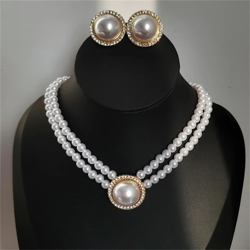 Women Elegant Pearl Double Layers Necklace Earrings Exquisite Vintage Classic Chains For Lady Party Wedding Retro Jewelry Choker