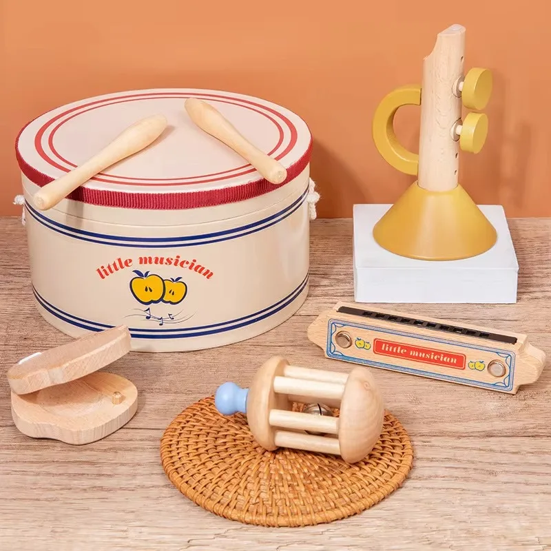 

Wooden Early Education Toys Drum Harmonica Rattle Sensory Children's Toys Musical Instrument Set Games