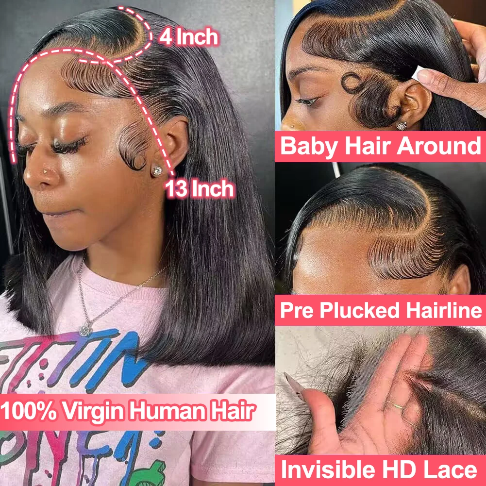 Bob Wig Human Hair 13X4 Lace Front Wig 180% Density Short Straight Frontal Bob Wig Transparent Lace Pre Plucked With Baby Hair