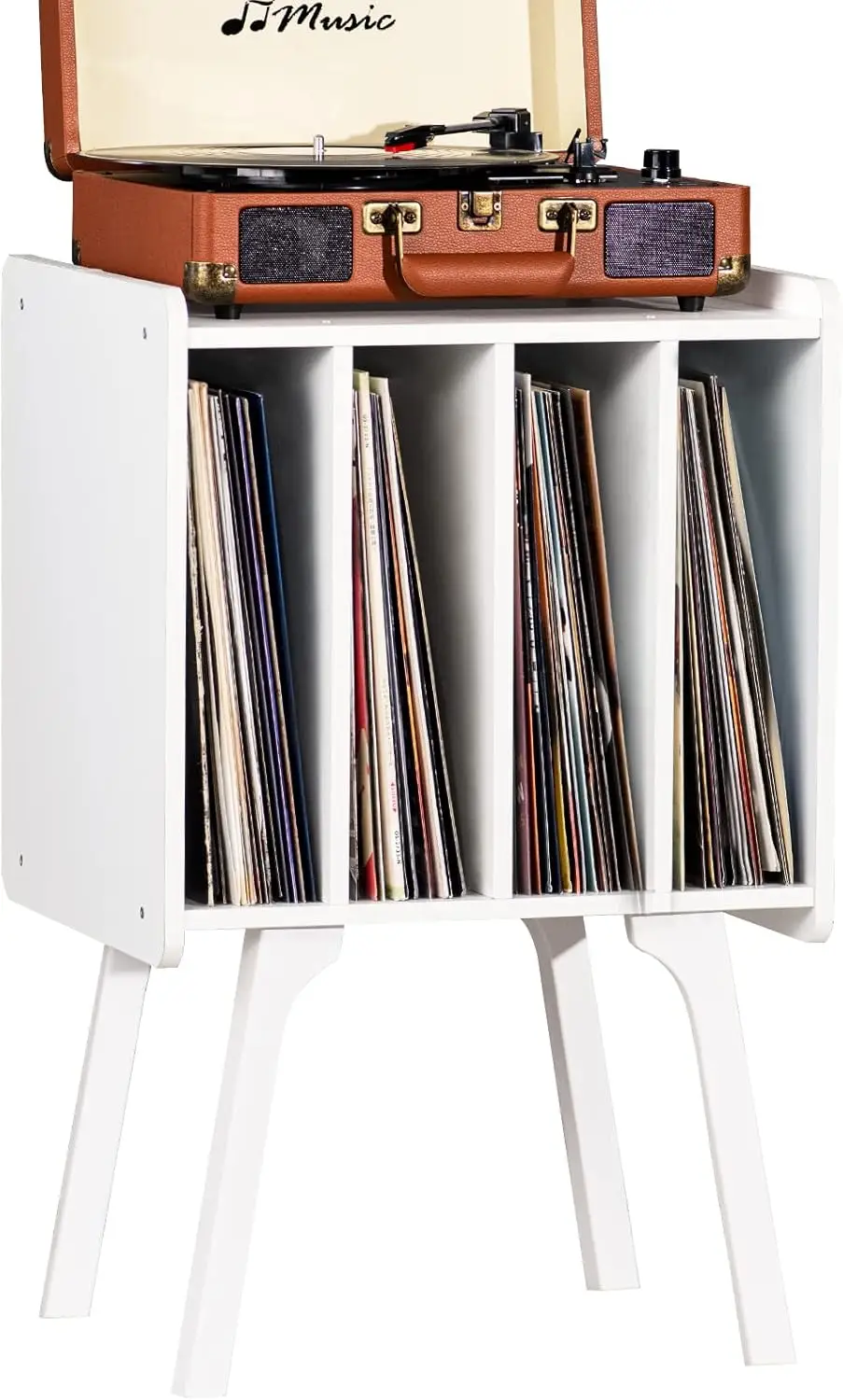 Mid-Century Modern Turntable Stand with Wood Legs, White Vinyl Storage for Up to 100 Albums, Display Shelf for Living Room