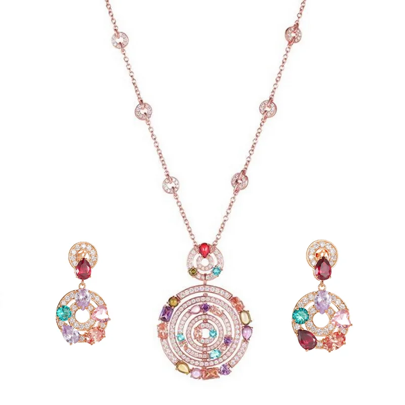 Designer Collection Earrings Long Necklace Women Lady Inlay Colored Cubic Zircon Hollow Out Round Pendant Party Jewelry Sets