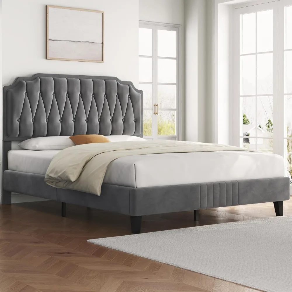 

Velvet Upholstered Bed Frame with Curved Headboard, Height Adjustable Headboard/noiseless/wooden Flat Noodles Support