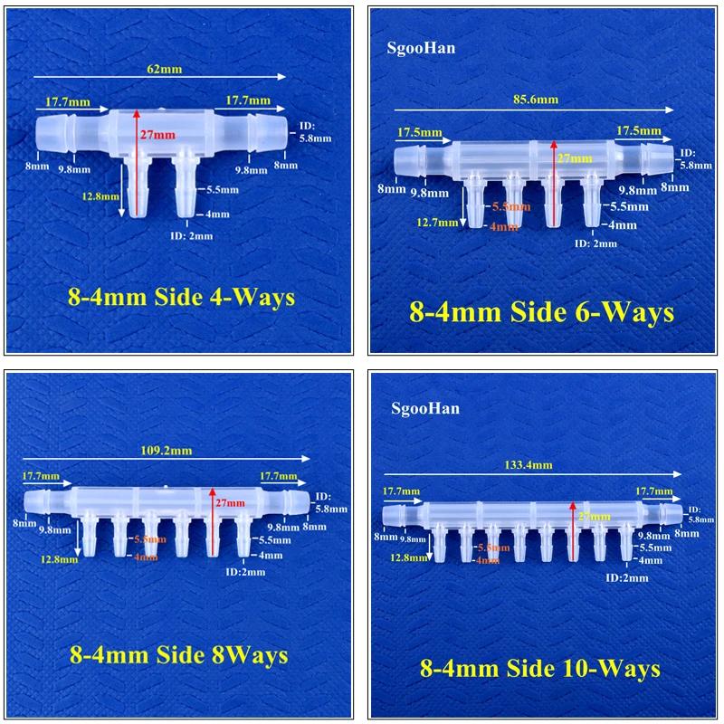 Equal Dia 6-Ways Hose Connector 5~200pcs 2.4~7.9mm Liquid Gas Diverter 8-4mm 4 ~ 10-Ways Pagoda Joint  Aquarium Air Pump Adapter