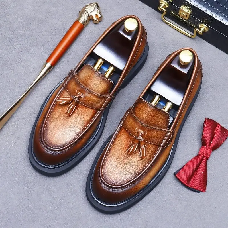 

Mens Soft Leather Loafers Slip On Shoes British Retro Casual Tassel Shoes for Men Comfortable